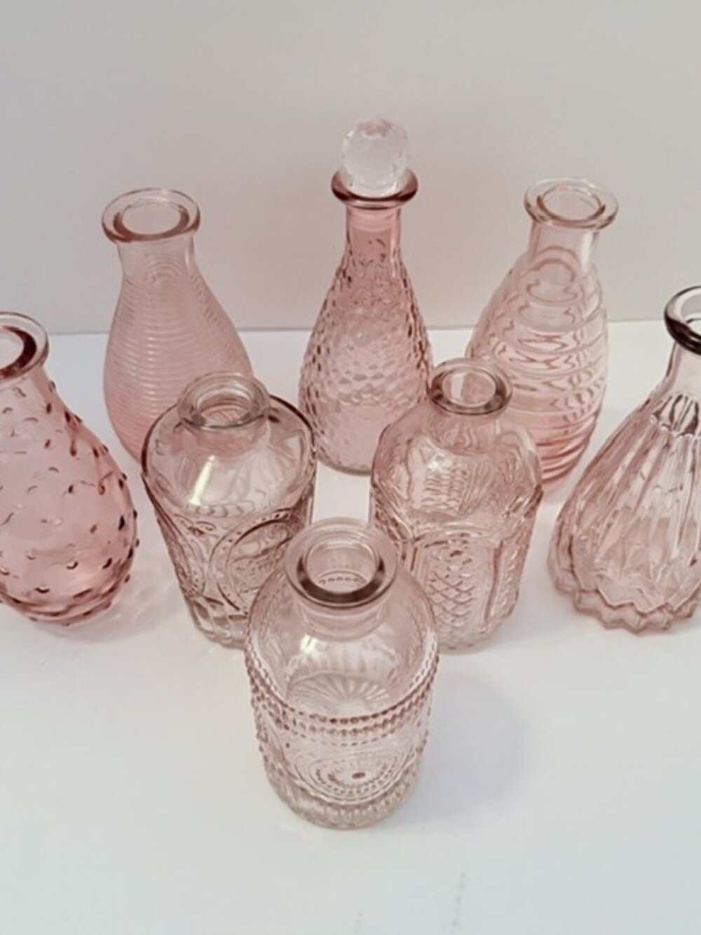 Vintage Pink Glass Bottle/Vase/Decanter - Lot of 8 - Assorted Textures